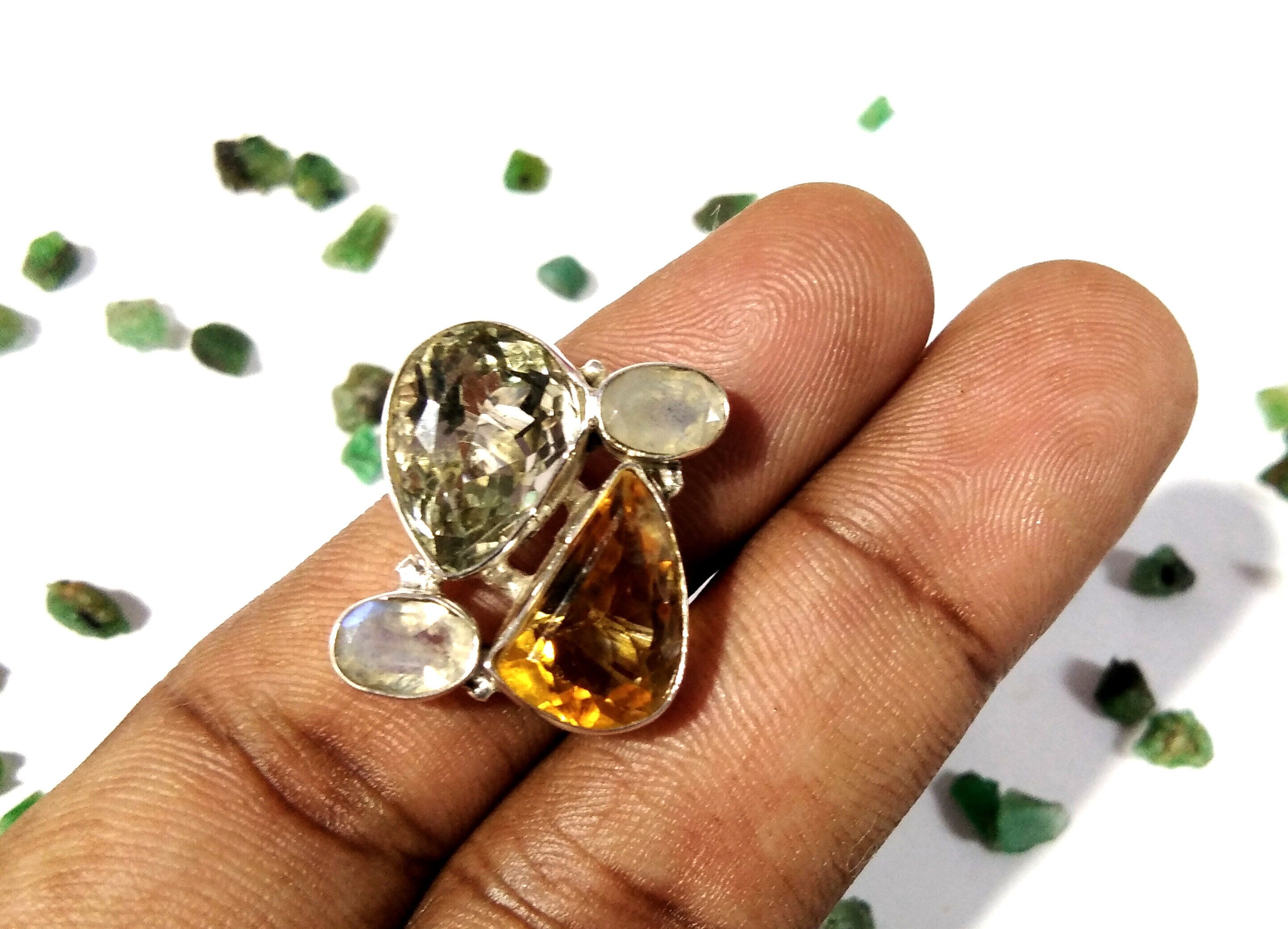 Green Amethyst, Citrine & Rainbow Moonstone Rings, 925 Sterling Silver Jewelry, Multi Natural Gemstone Ring, Handmade Jewelry